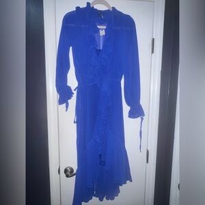 Anthropologie Cobalt Ruffle Wrap Maxi Dress